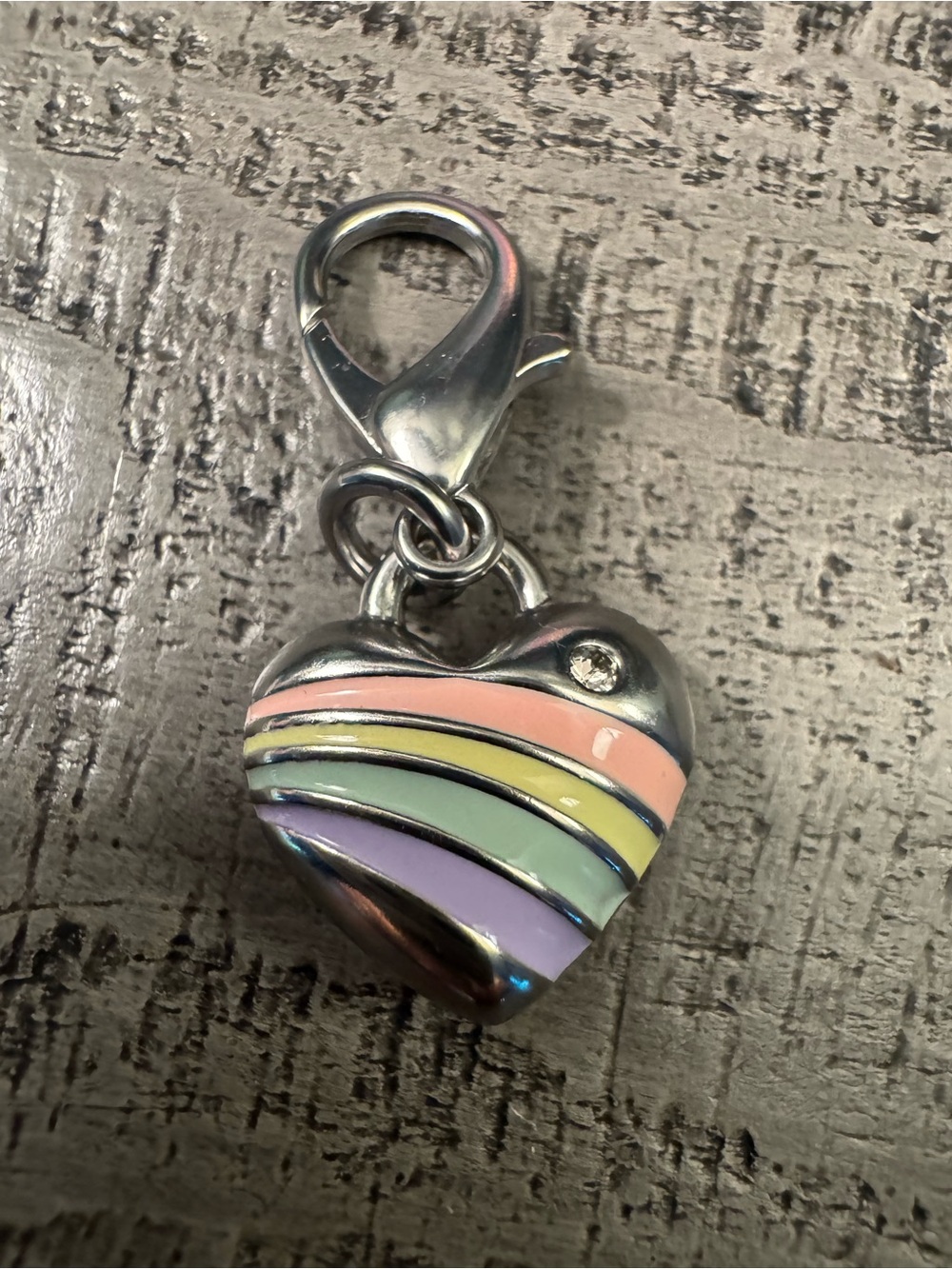 NWOT Coach Silver Heart Mini Wristlet Charm with Pastel Stripes & Rhinestone